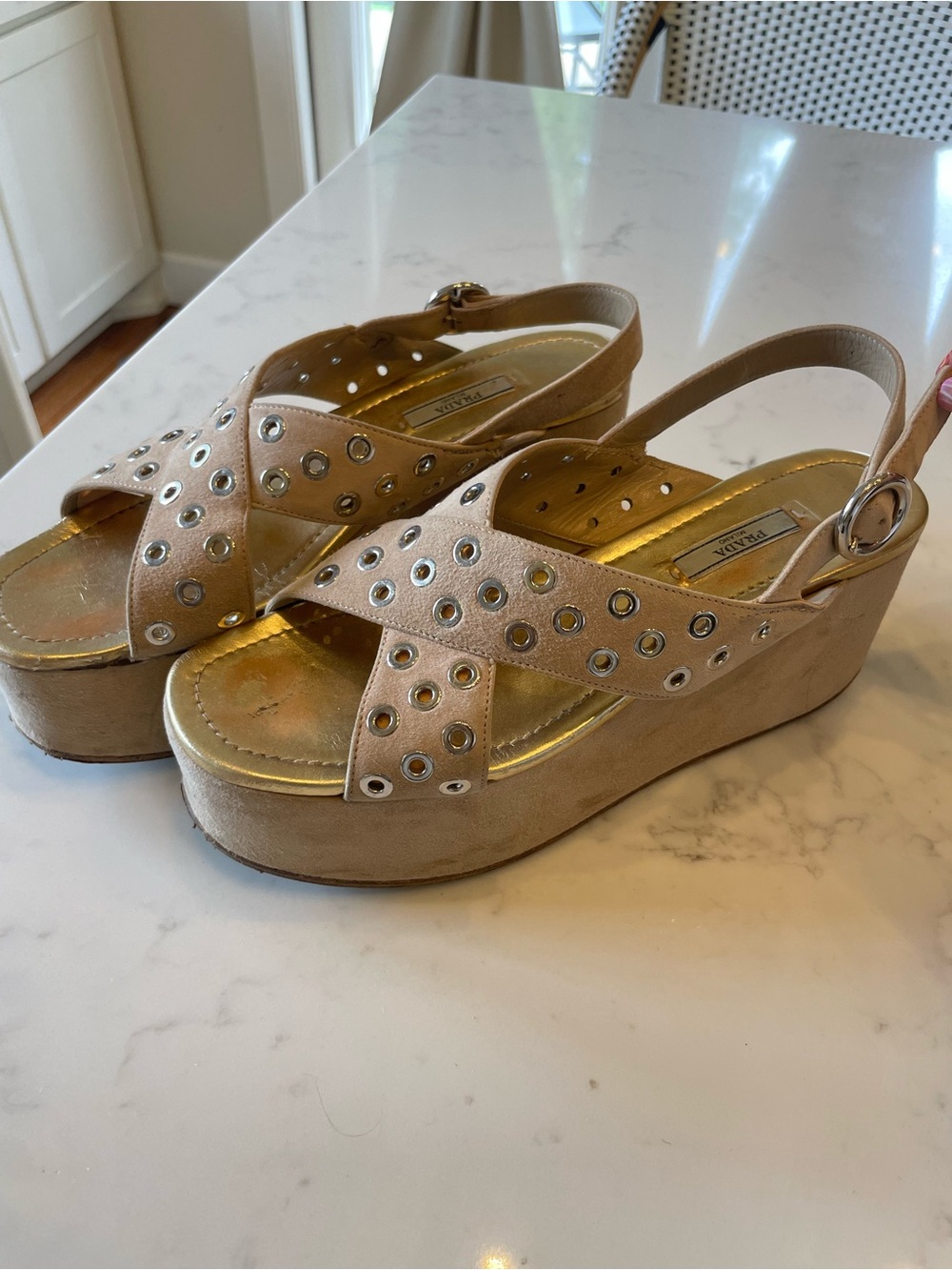Prada Platform Sandals with Silver Grommets - Beige